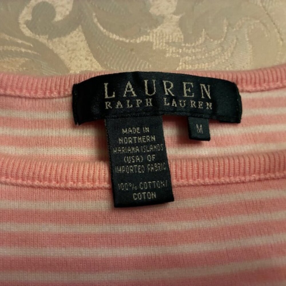 LAUREN RALPH LAUREN-Striped Pink-white Boatneck 3/4 " Sleeve - SZ M